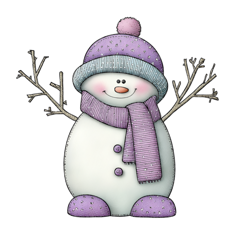 Whimsical snowman wearing purple knit hat and scarf with twig arms, Grey Barn Handwerk, Saskatchewan.